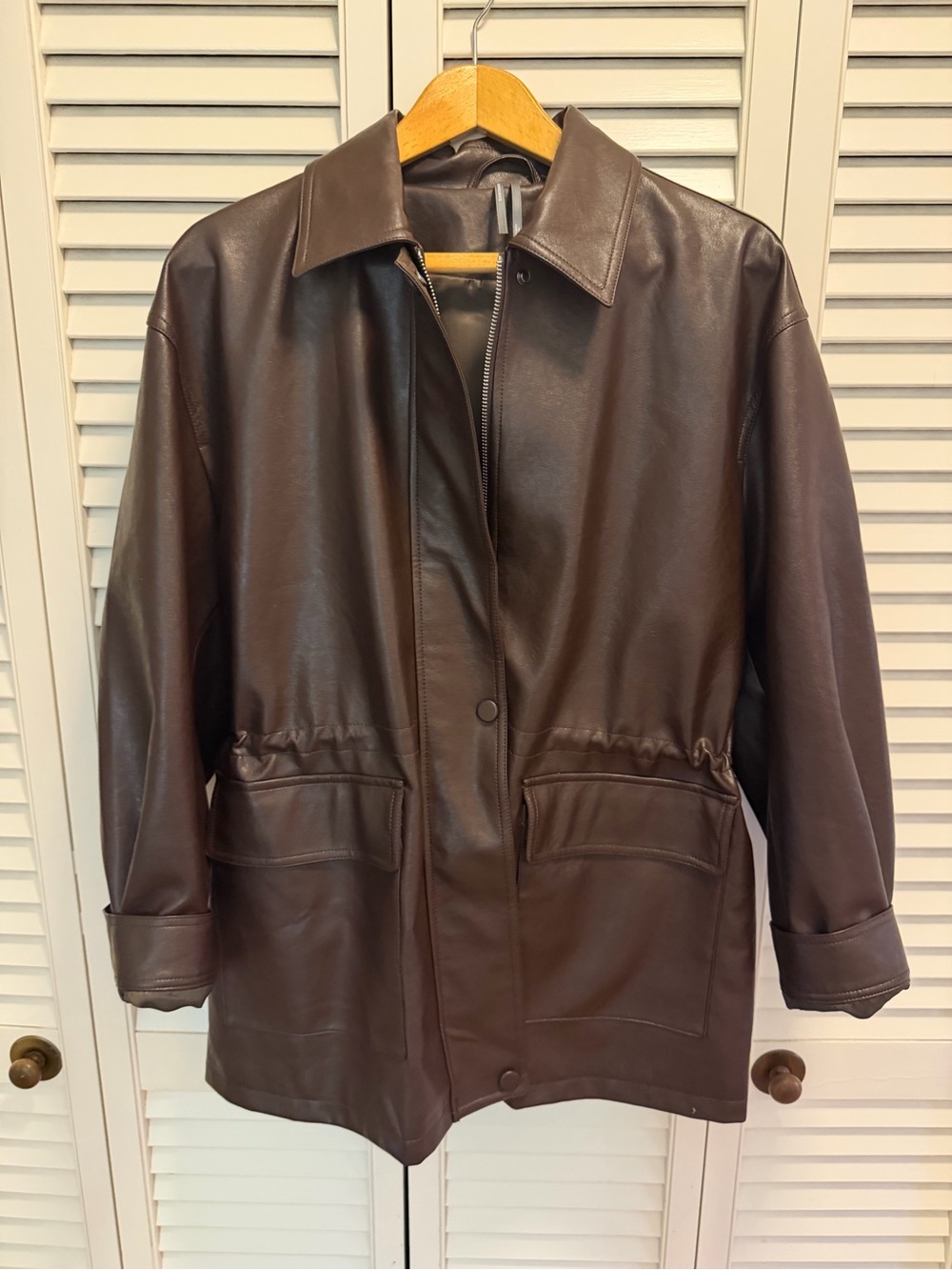 Anthropologie Brown cinched-waist faux leather jacket